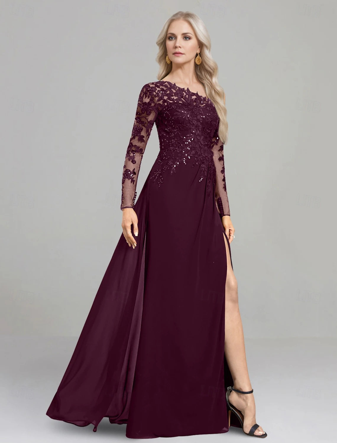 Buyishang Sheath / Column Dress Mother of the Bride Dress Formal Elegant One Shoulder Floor Length Chiffon Long Sleeve with Lace Solid Color Christmas Dress
